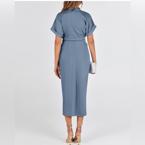 BTFBM 2024 Button Down Ruched Shirt Short Sleeve Lapel VNeck Elegant Satin Dress - Picture 5 of 9